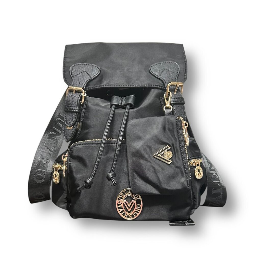 Valentino Orlandi Black Vegan Nylon Backpack‎ w/ Pouch Logo Gold Hardwarware NWT
